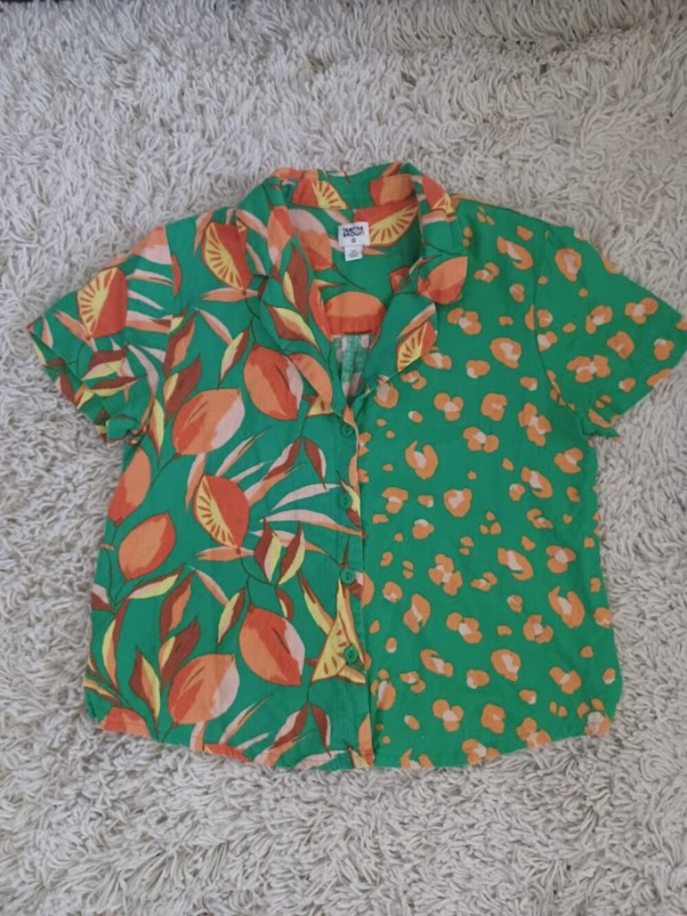 Tabitha Brown Target Linen Blend Camp Shirt XS Green Orange Mixed Print
